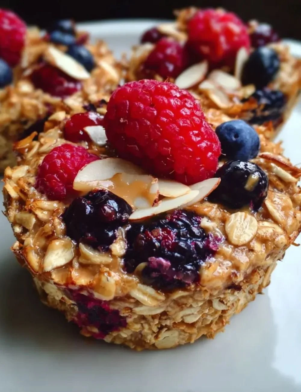 Baked oatmeal cups served in a rustic bowl with fresh fruit