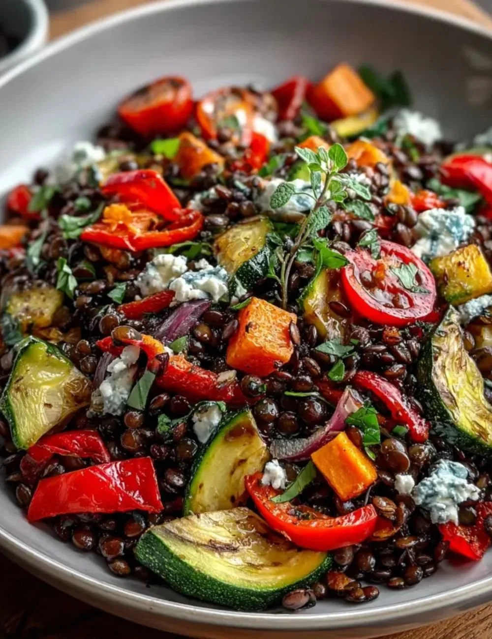 Delicious black lentil salad with roasted vegetables served on a plate