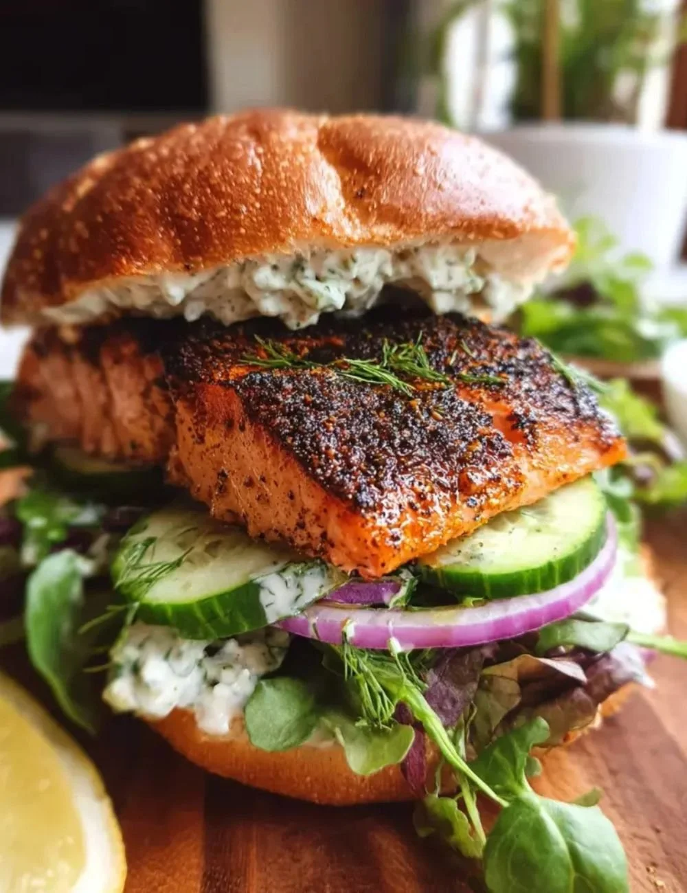 Delicious blackened salmon sandwich served with fresh toppings