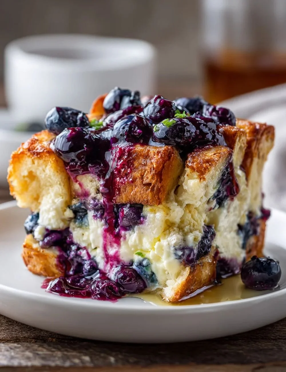 Blueberry Cream Cheese French Toast Casserole topped with fresh blueberries and syrup