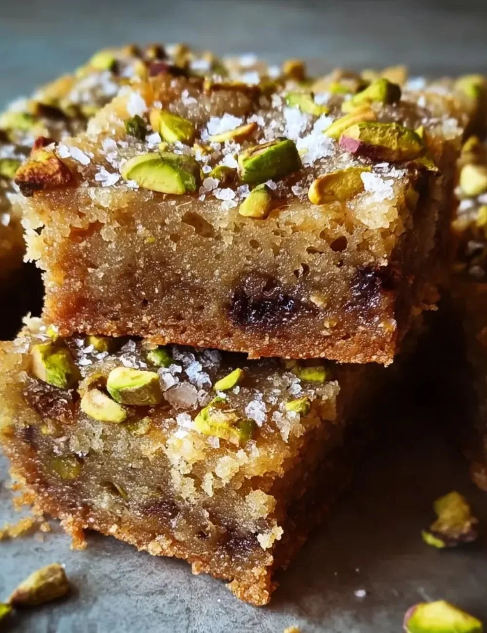 Delicious brown butter honey pistachio bars on a wooden table