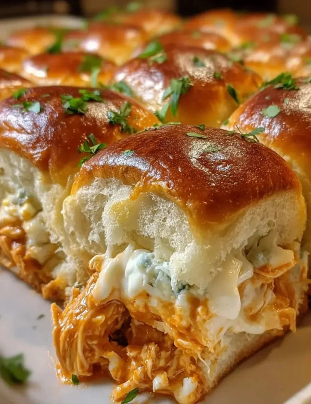 Buffalo Chicken Pizza Dip Sliders served in a platter