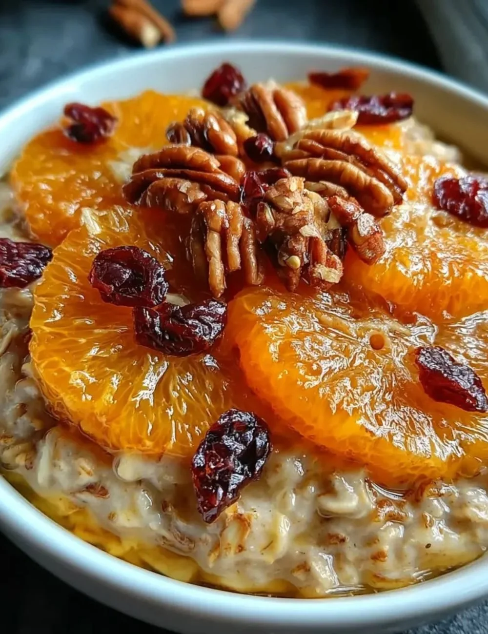 Delicious bowl of candied orange oatmeal cranberries with vibrant toppings.