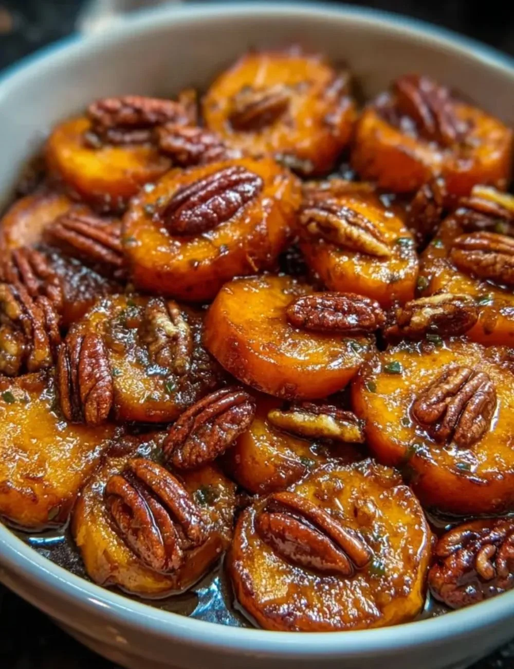 Delicious candied yams with toasted pecans served in a bowl