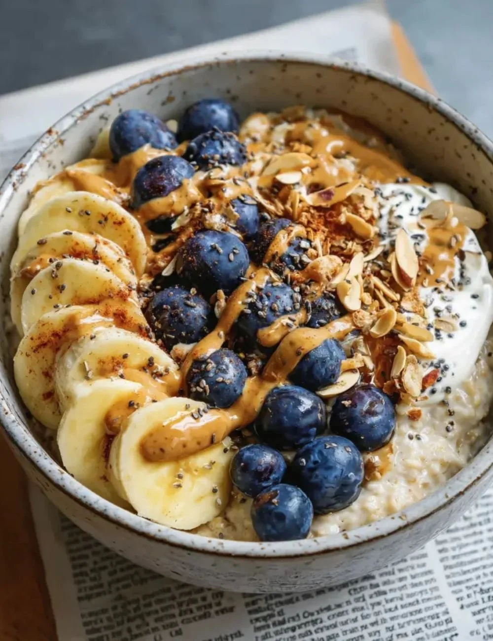 Caramelized Banana Split Oats in a bowl topped with fruits and chocolate sauce