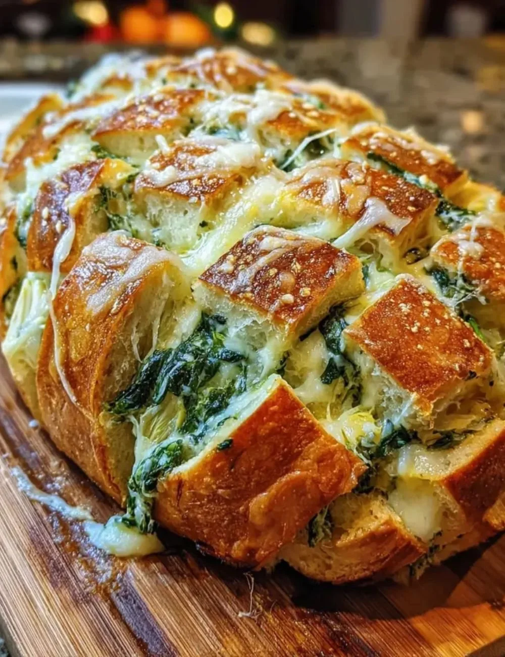 Cheesy spinach and artichoke pull-apart sourdough bread on a wooden table