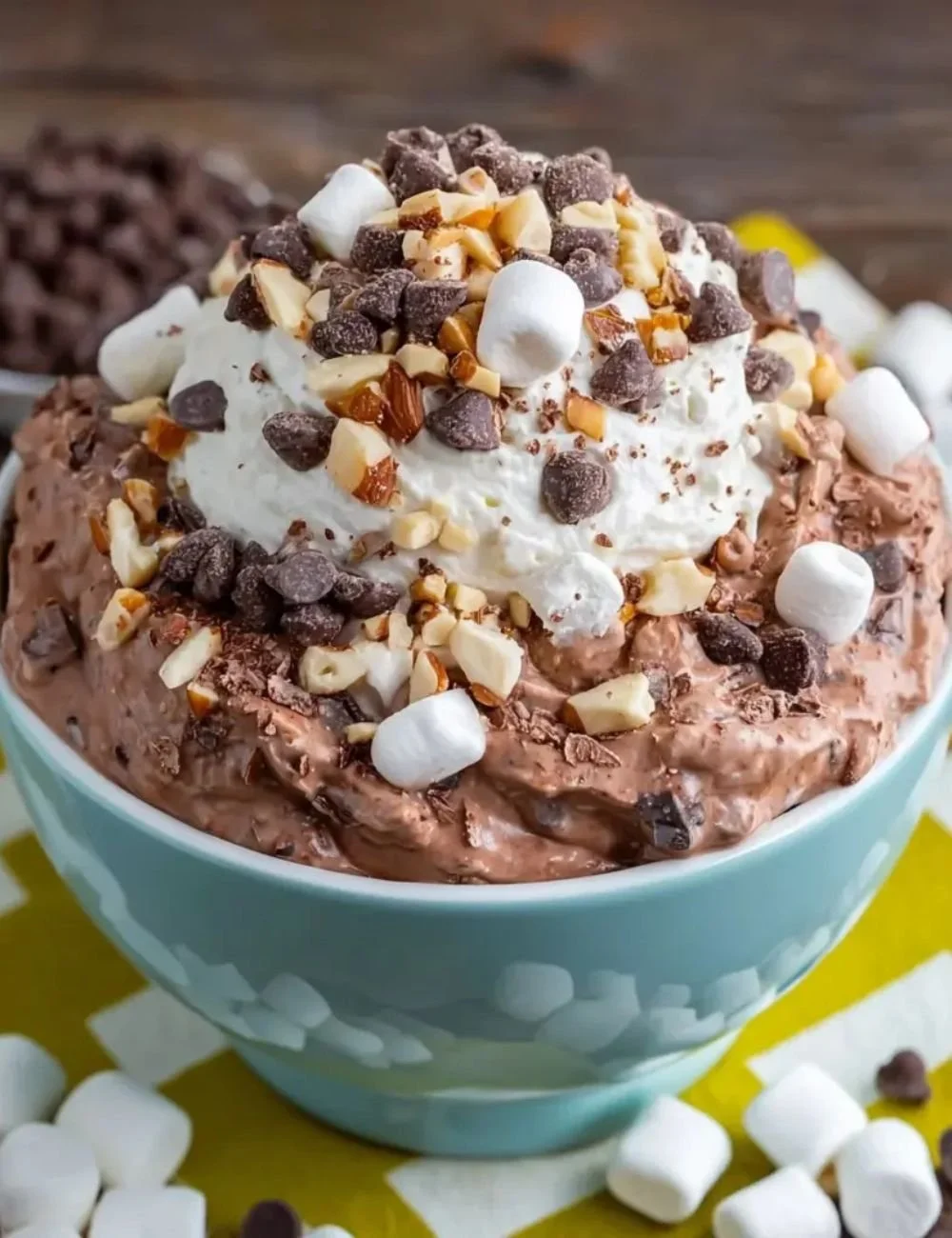 Delicious Chocolate Fluff Salad topped with chocolate shavings and whipped cream