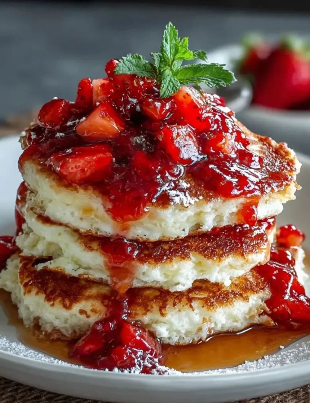 Delicious cottage cheese pancakes served with fresh strawberries on top