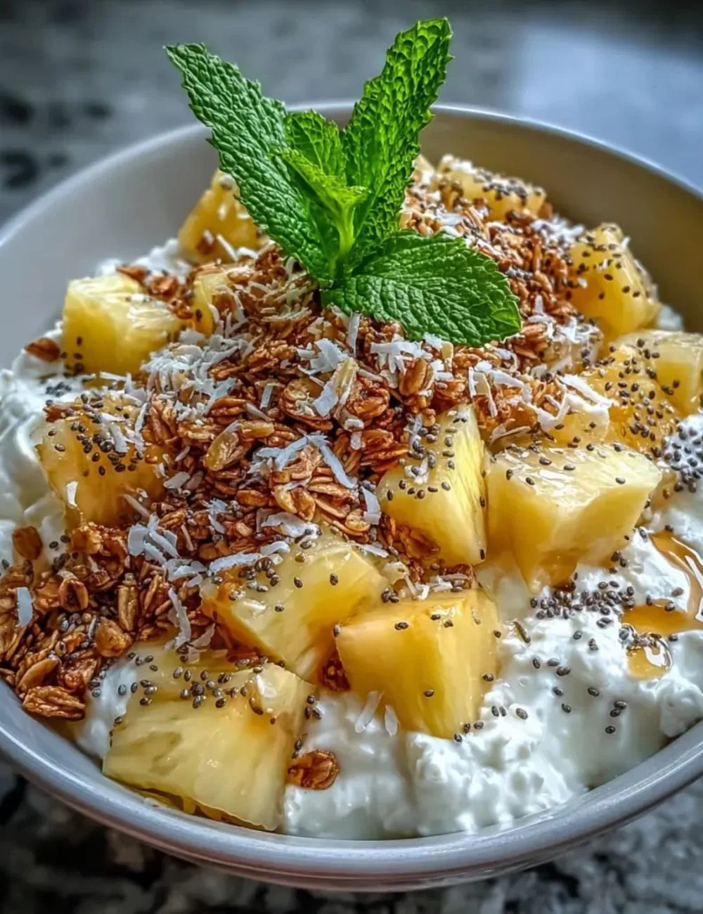 Cottage Cheese Pineapple Granola Bowl topped with fresh pineapple and granola.