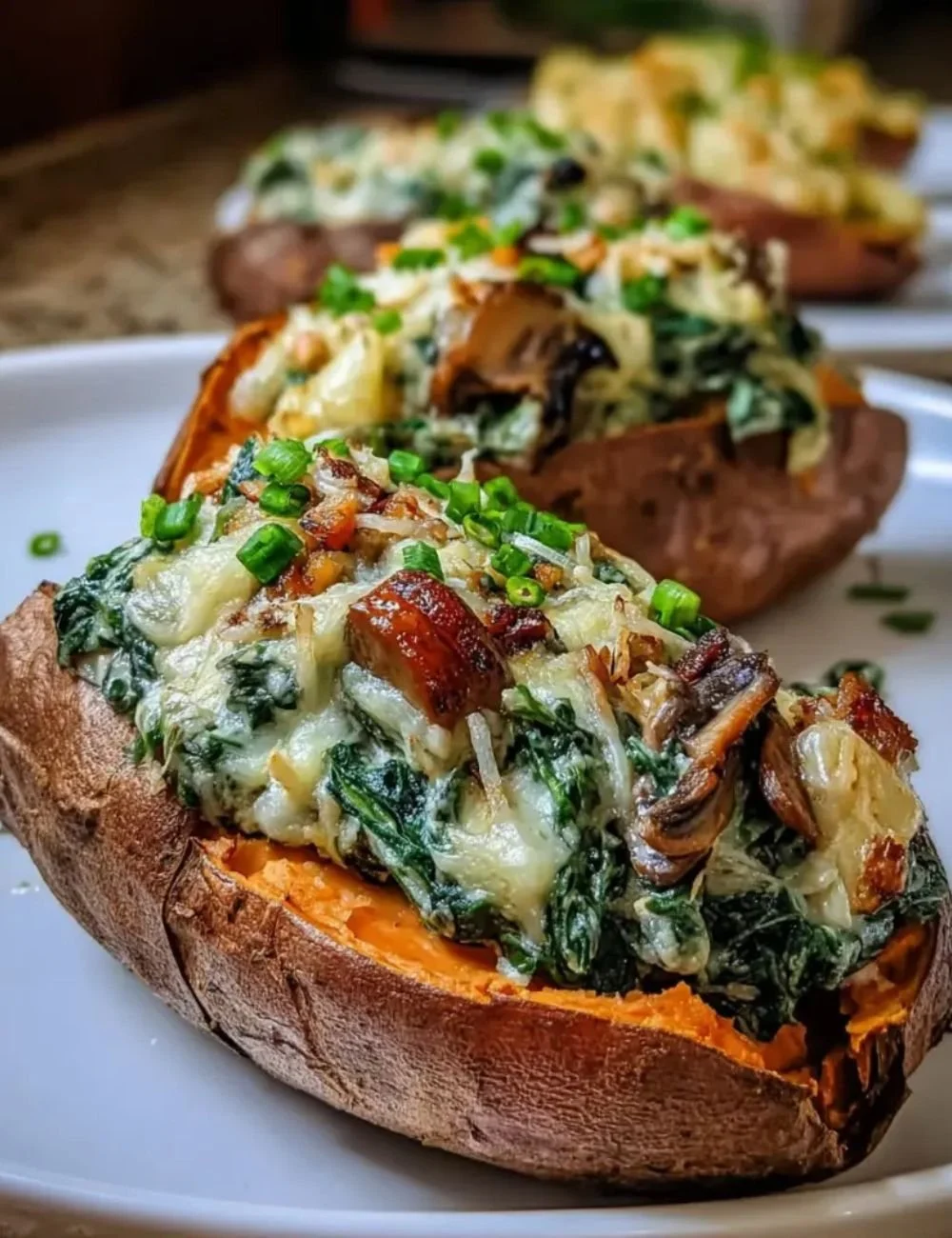 Creamy mushroom spinach stuffed sweet potatoes on a plate
