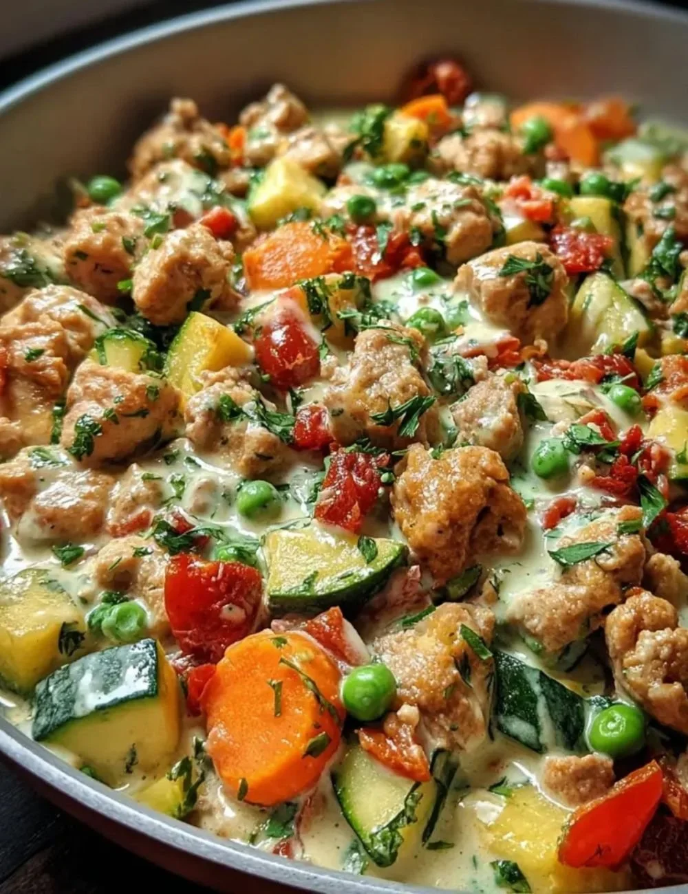 Creamy Ranch Turkey & Veggie Skillet dish on a plate with fresh vegetables