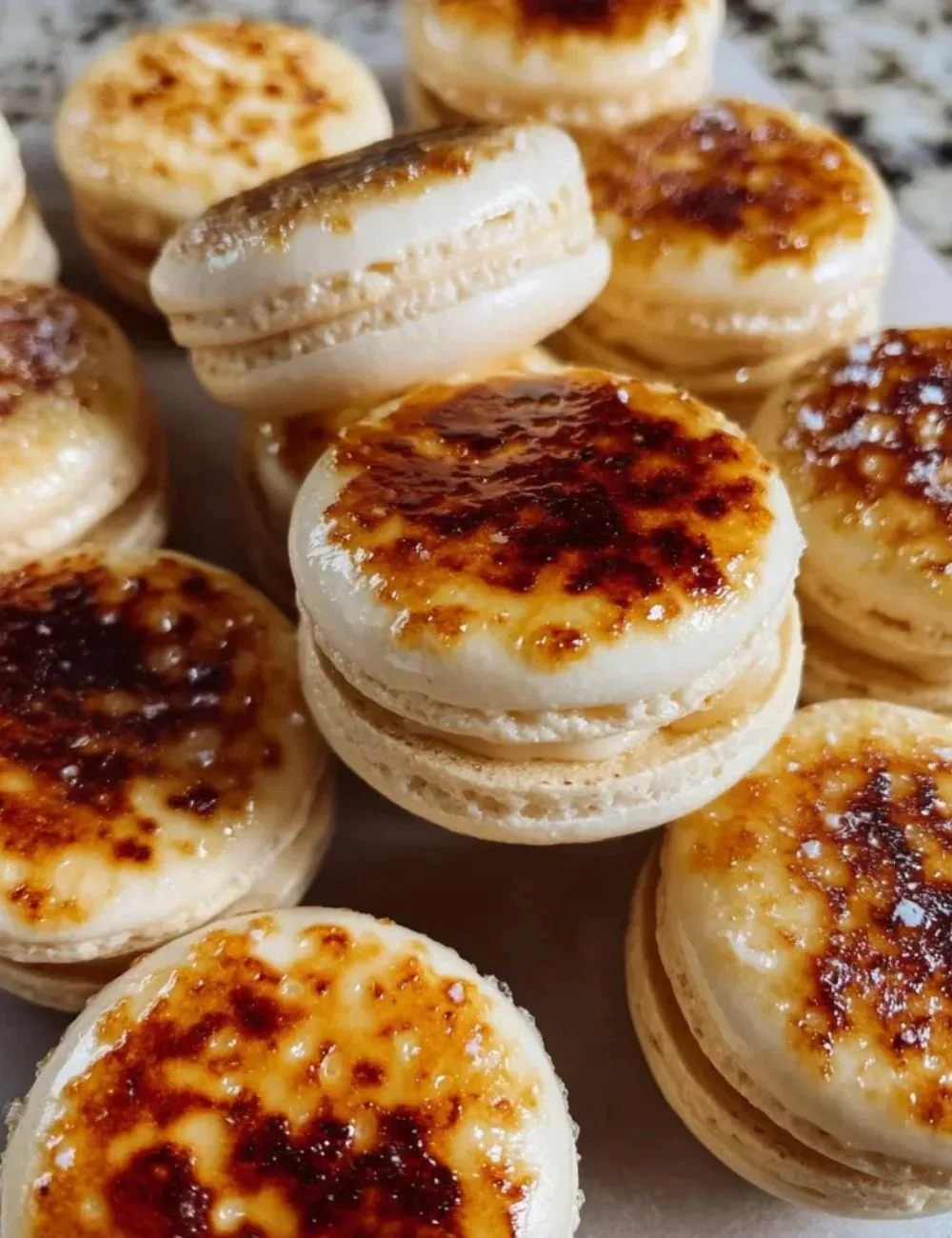 Delicious Crème Brûlée Macarons on a decorative platter