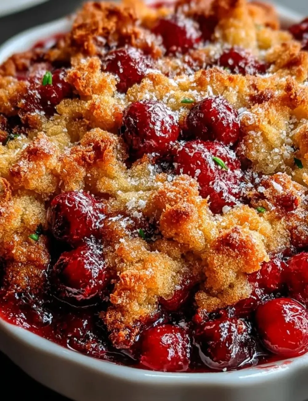 Delicious crispy cranberry cobbler served in a dish with fresh cranberries