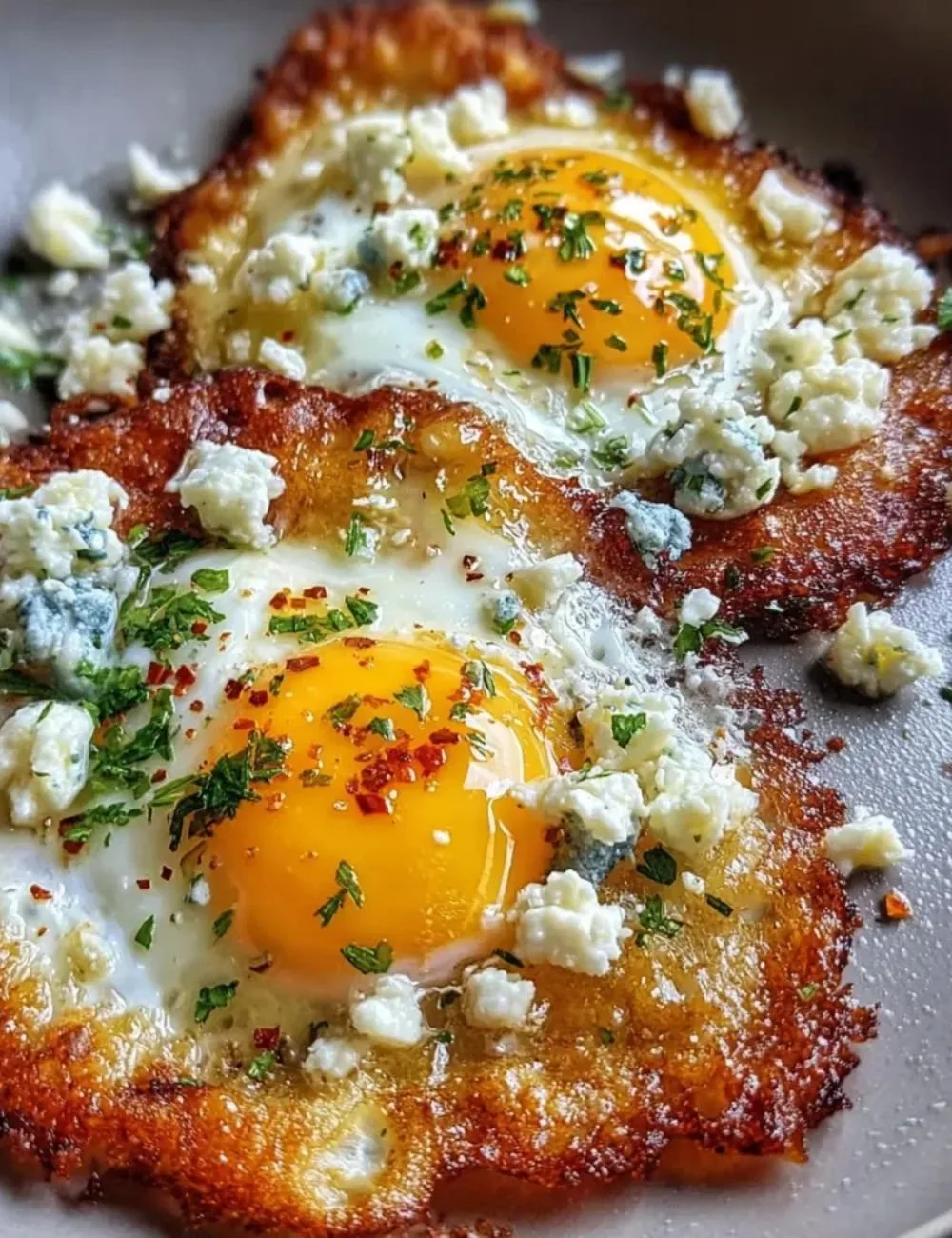 A plate of crispy feta fried eggs garnished with herbs and spices.