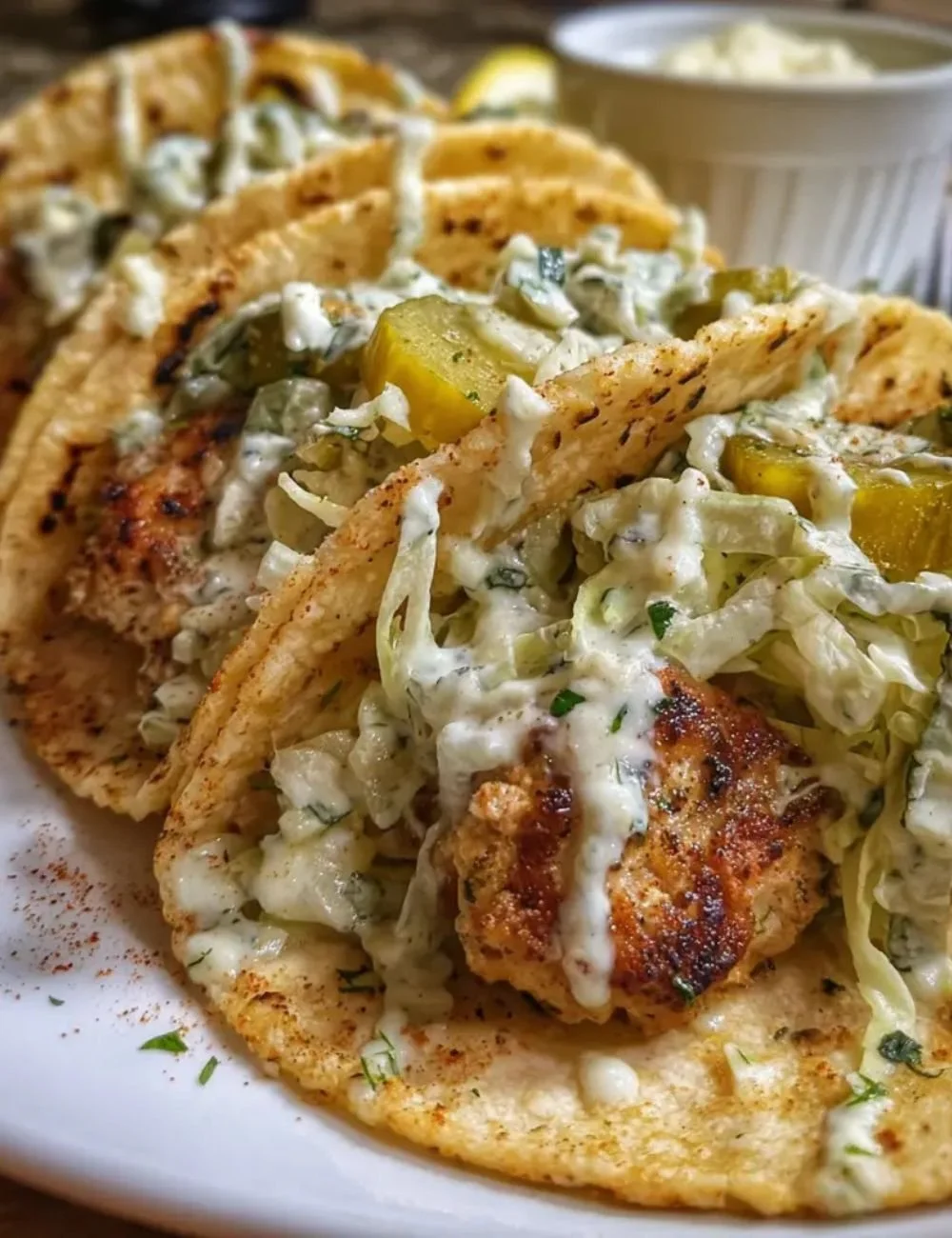 Dill pickle ranch smash chicken tacos topped with fresh ingredients