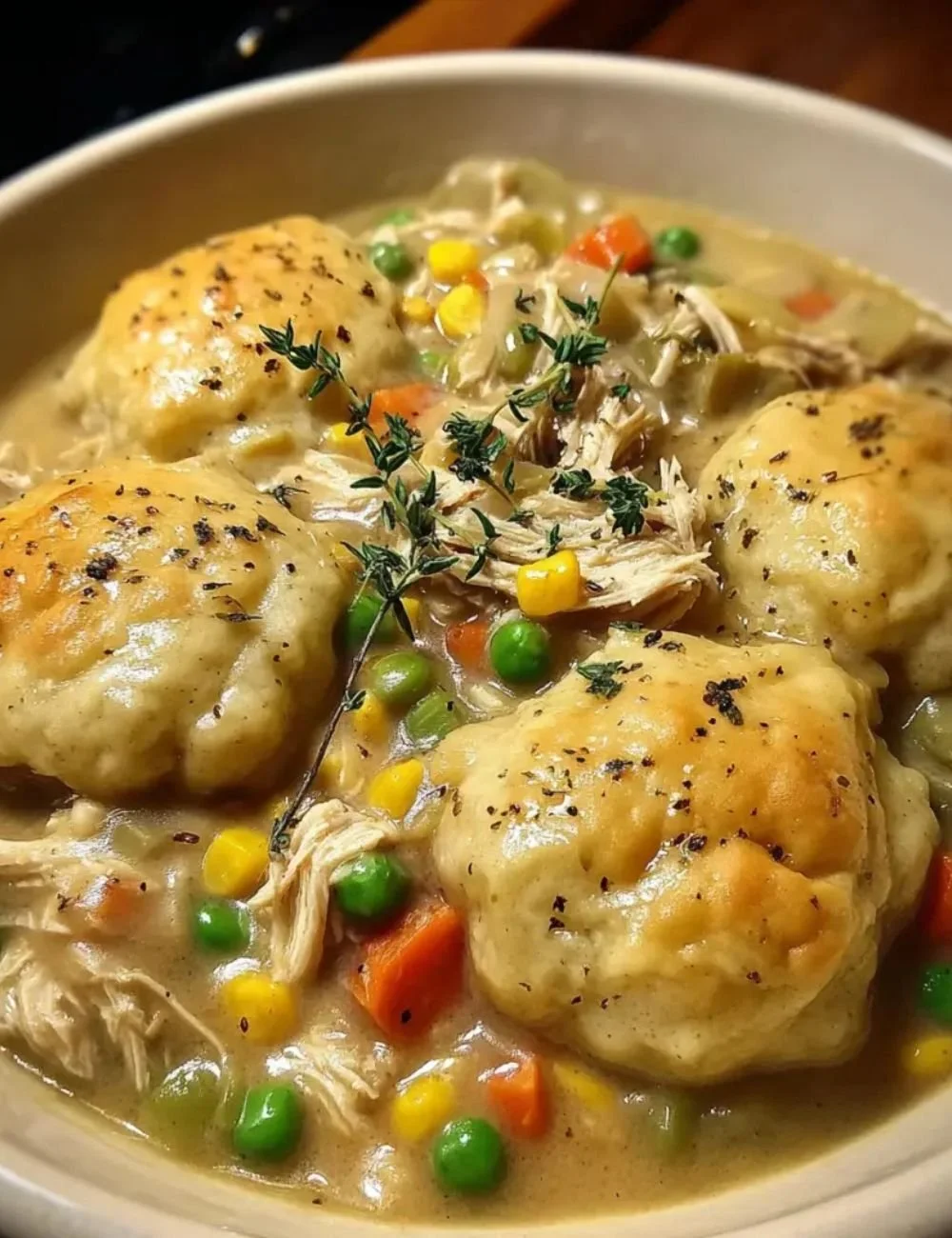 Delicious crockpot chicken dumplings ready to serve in a bowl.