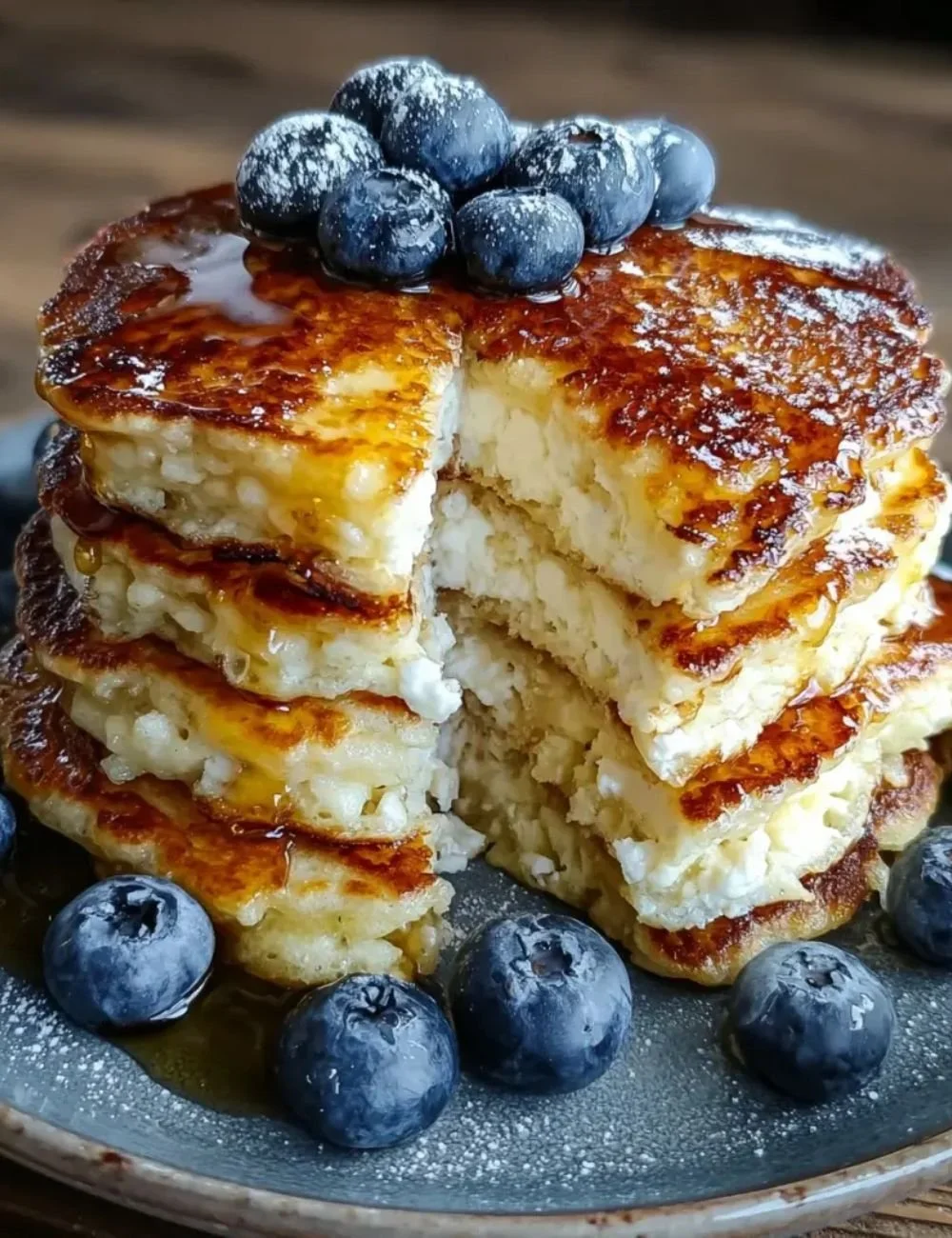 Fluffy cottage cheese pancakes stacked on a plate with syrup and berries