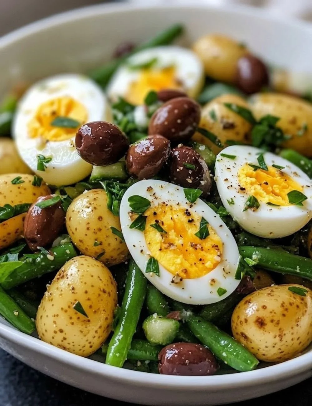 French-style potato and green bean salad in a serving bowl