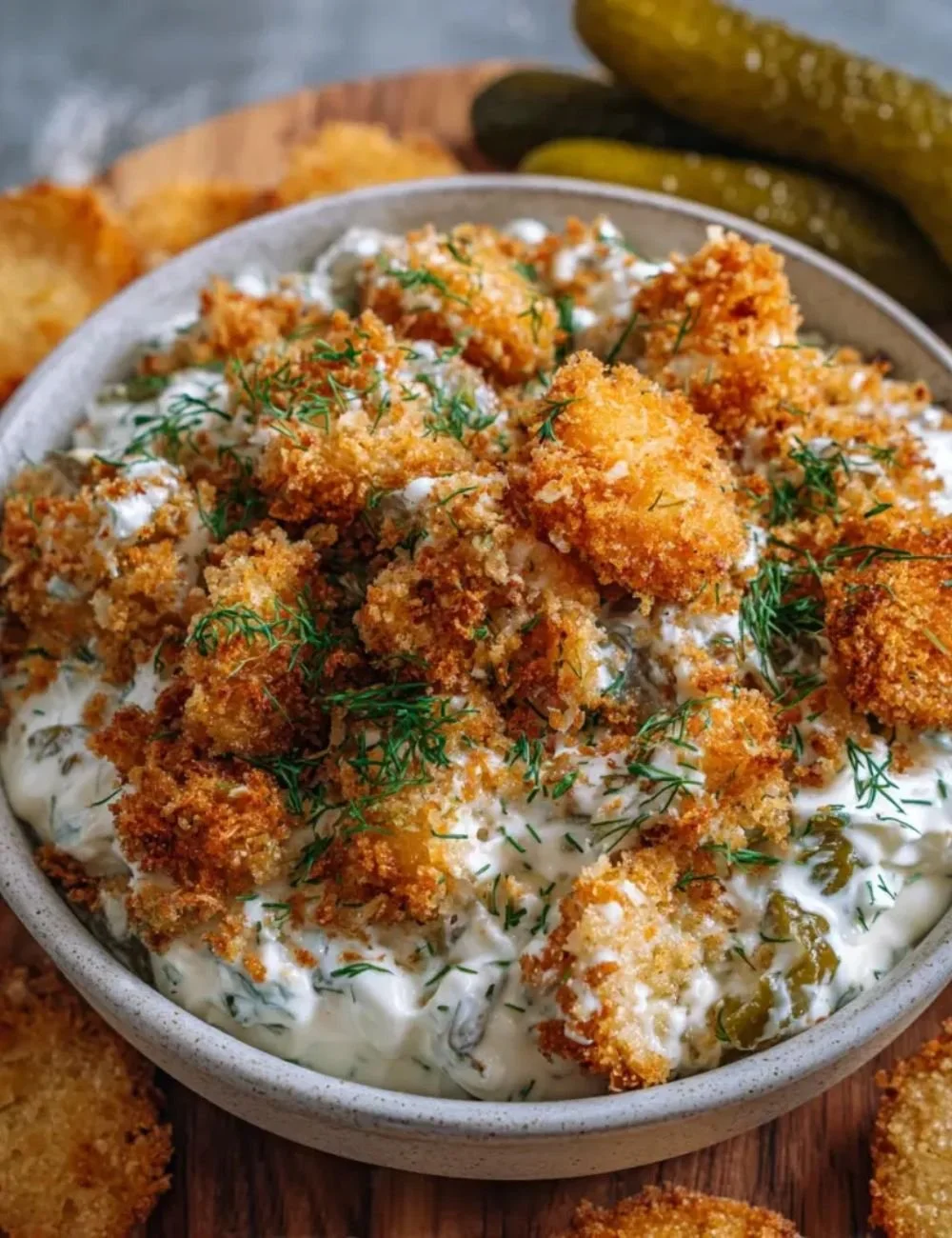 Creamy Fried Pickle Ranch Dip served in a bowl with crackers and pickles
