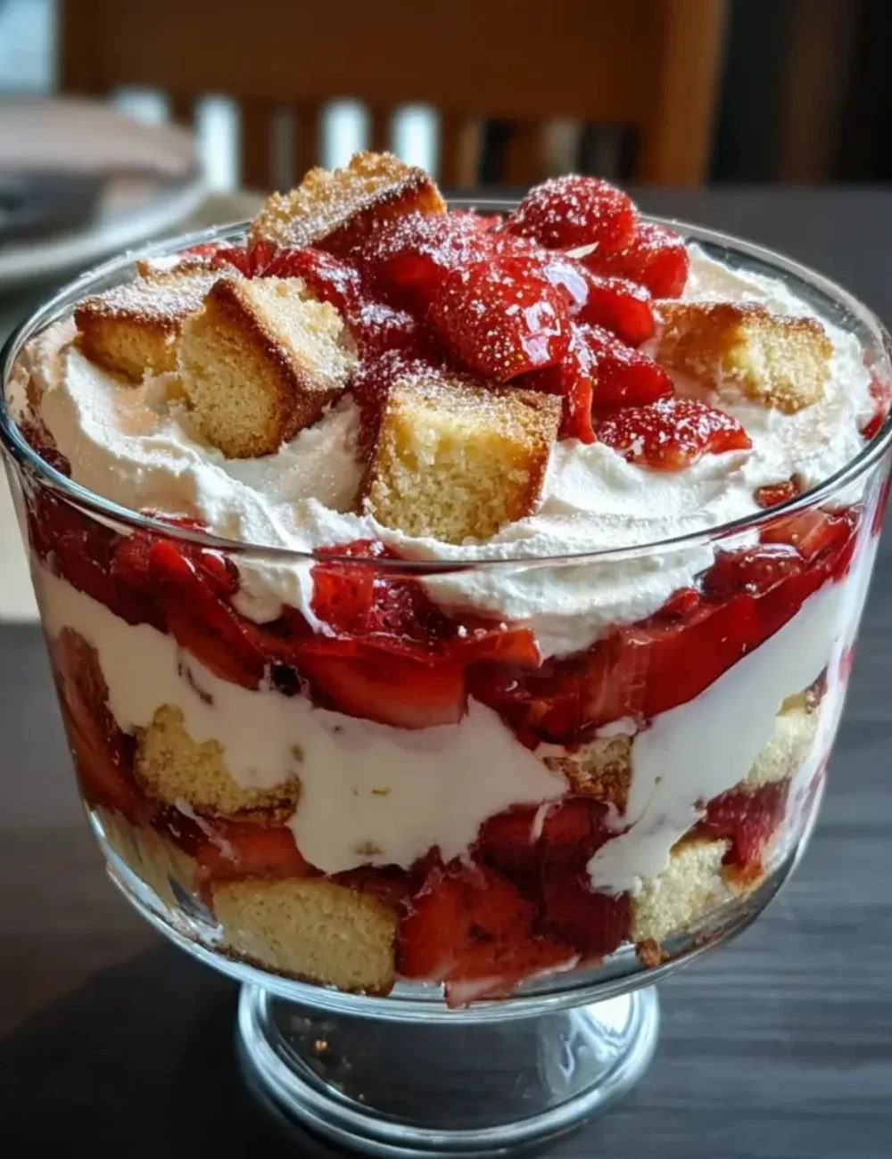 Delicious Galentine's strawberry shortcake trifle layered with fresh strawberries and cream