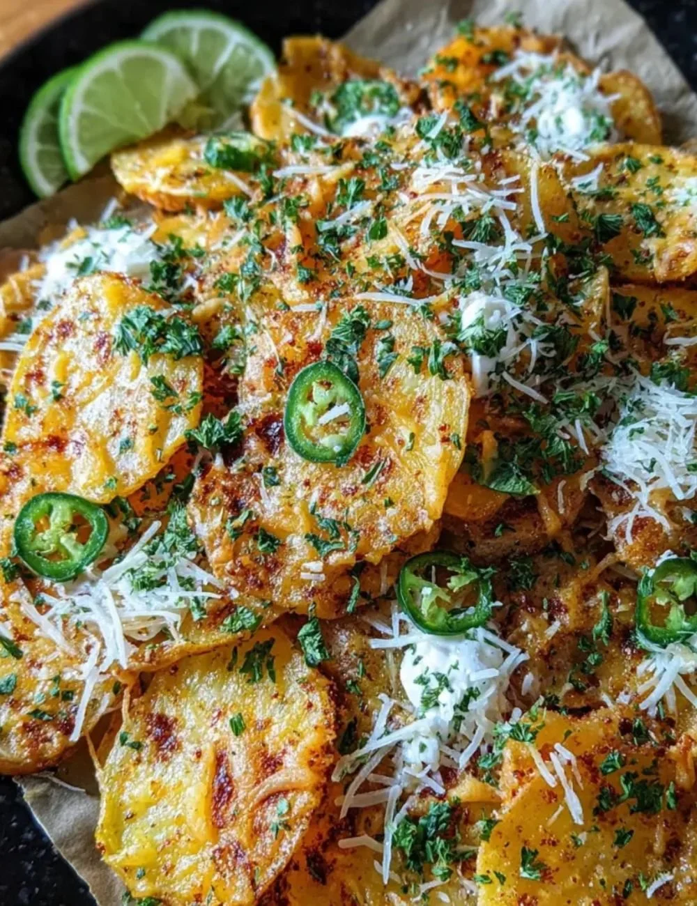 Delicious Garlic Parmesan Potato Nachos topped with cheese and herbs