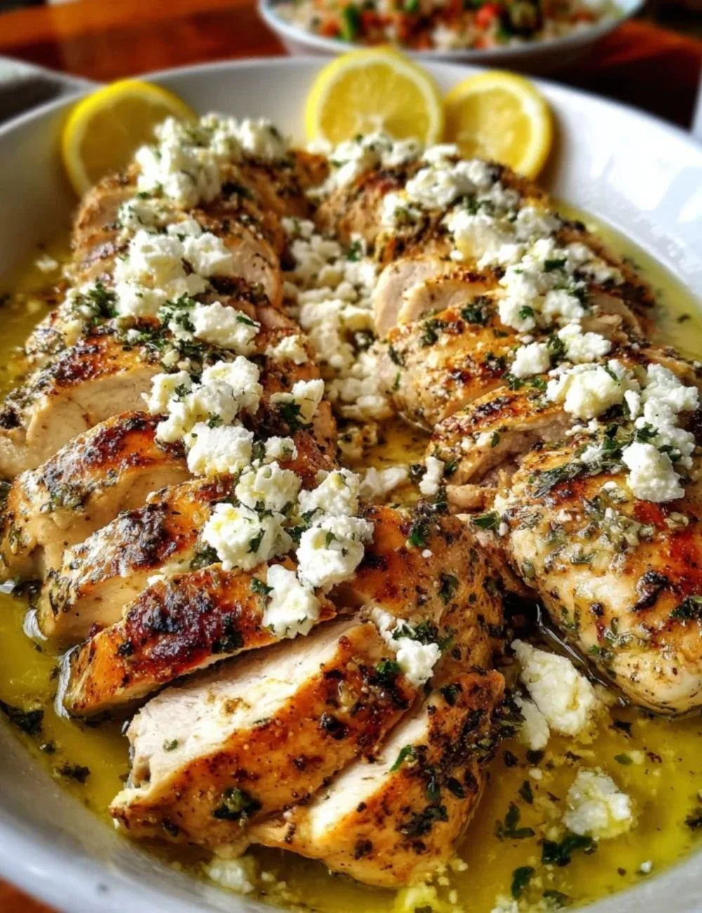 Greek Chicken with Lemon and Feta served on a plate with garnishes.