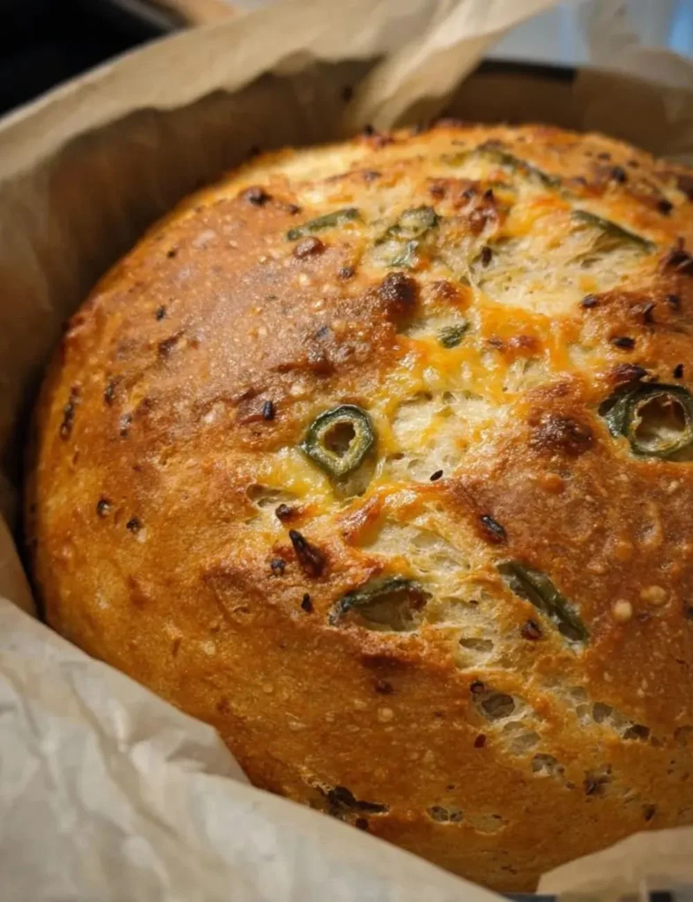 Freshly baked Green Chili Cheese Bread with cheese and green chilies