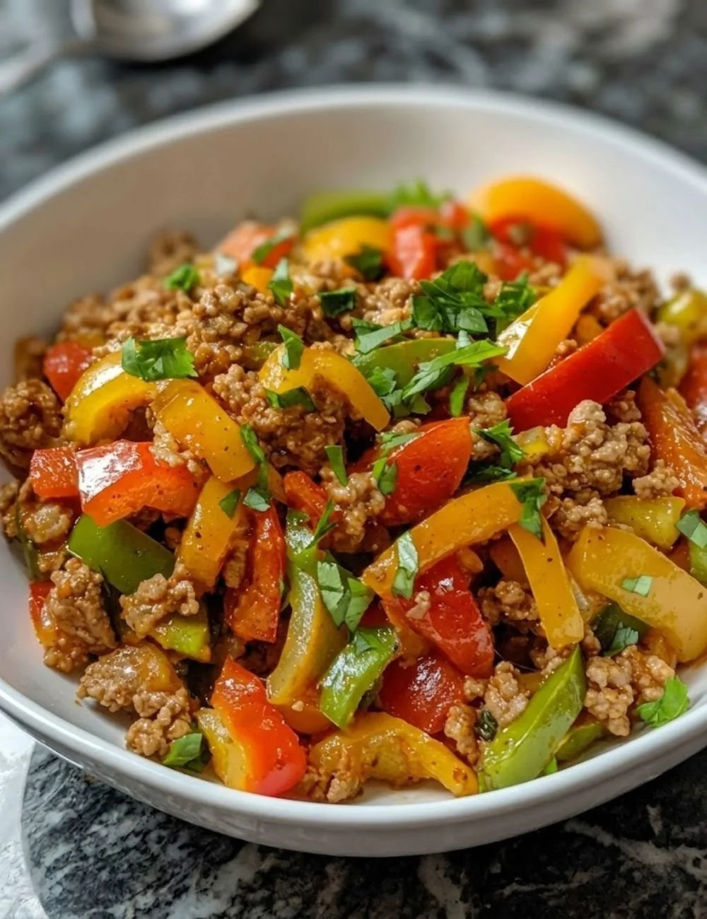 Ground turkey and peppers dish served in a bowl