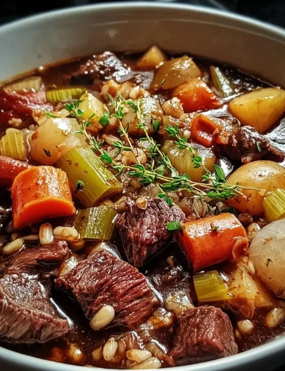 A bowl of hearty Guinness Beef Barley Stew garnished with fresh herbs