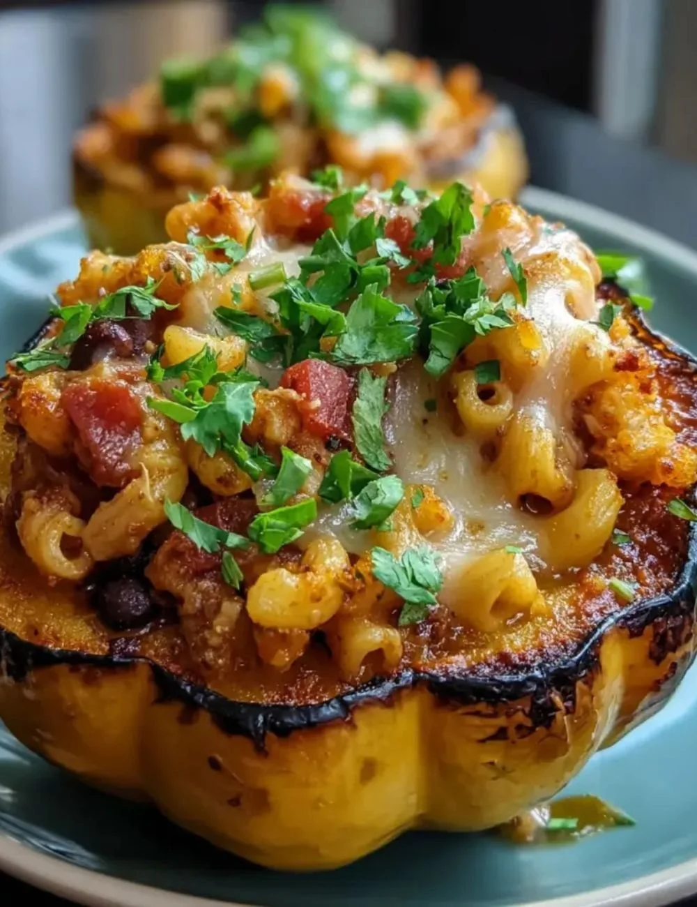 Hot Honey Chili Mac Stuffed Squash dish served on a plate