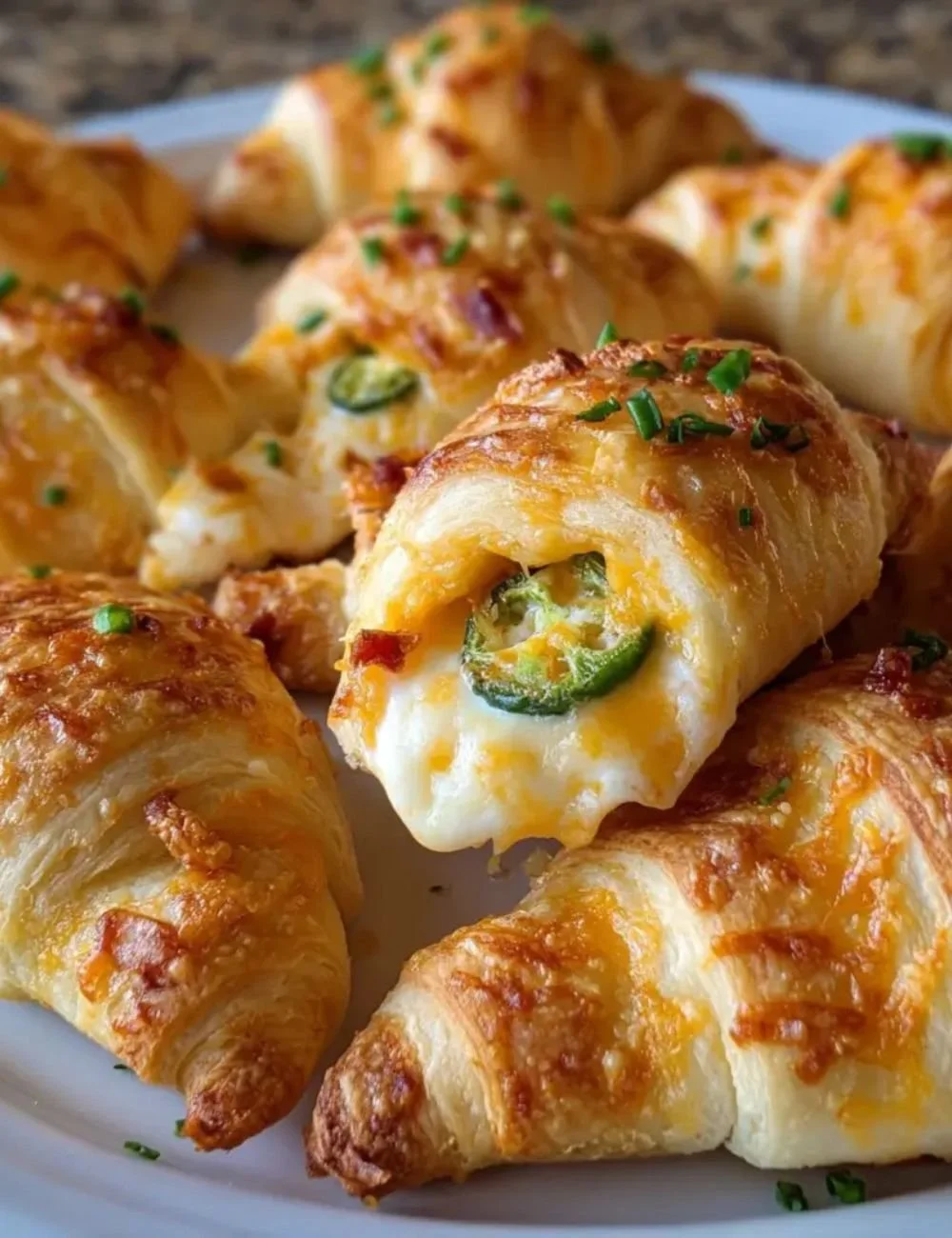 Jalapeño popper cheese-stuffed crescent bites on a plate, ready to serve.