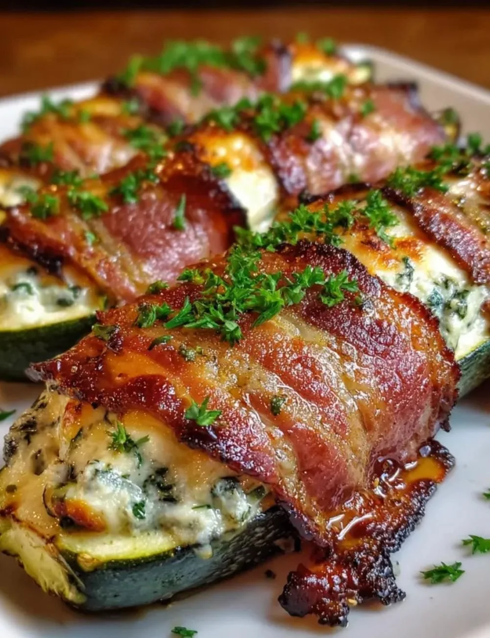 Delicious keto bacon-wrapped zucchini boats topped with cheese and spices.