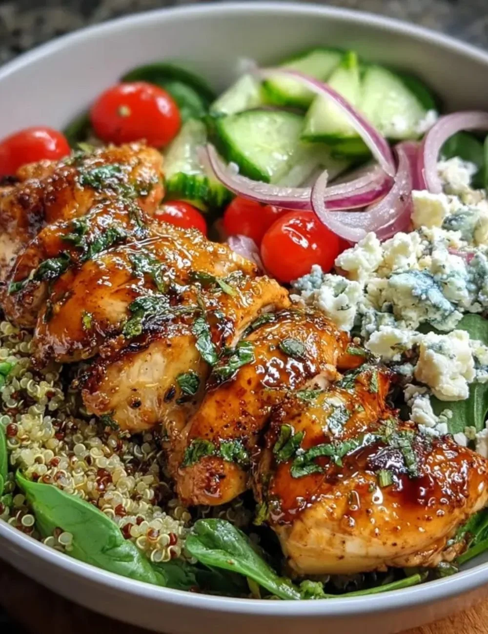 Lemon Herb Grilled Chicken Quinoa Bowl topped with fresh herbs and lemon slices