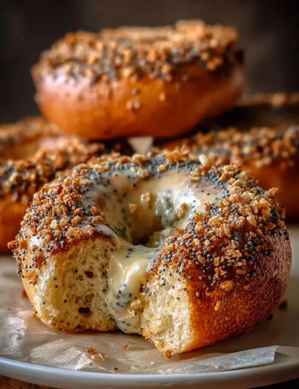 Freshly baked lemon poppy seed bagels with a golden crust and zesty flavor.