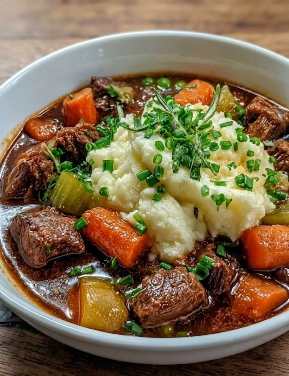 Healthy lightened Irish beef stew served in a bowl with fresh herbs.