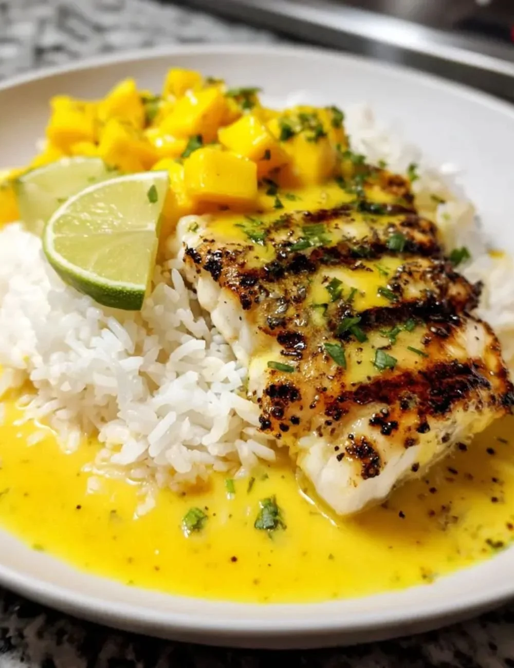Mahi Mahi fillet topped with mango lime butter, garnished with fresh herbs.