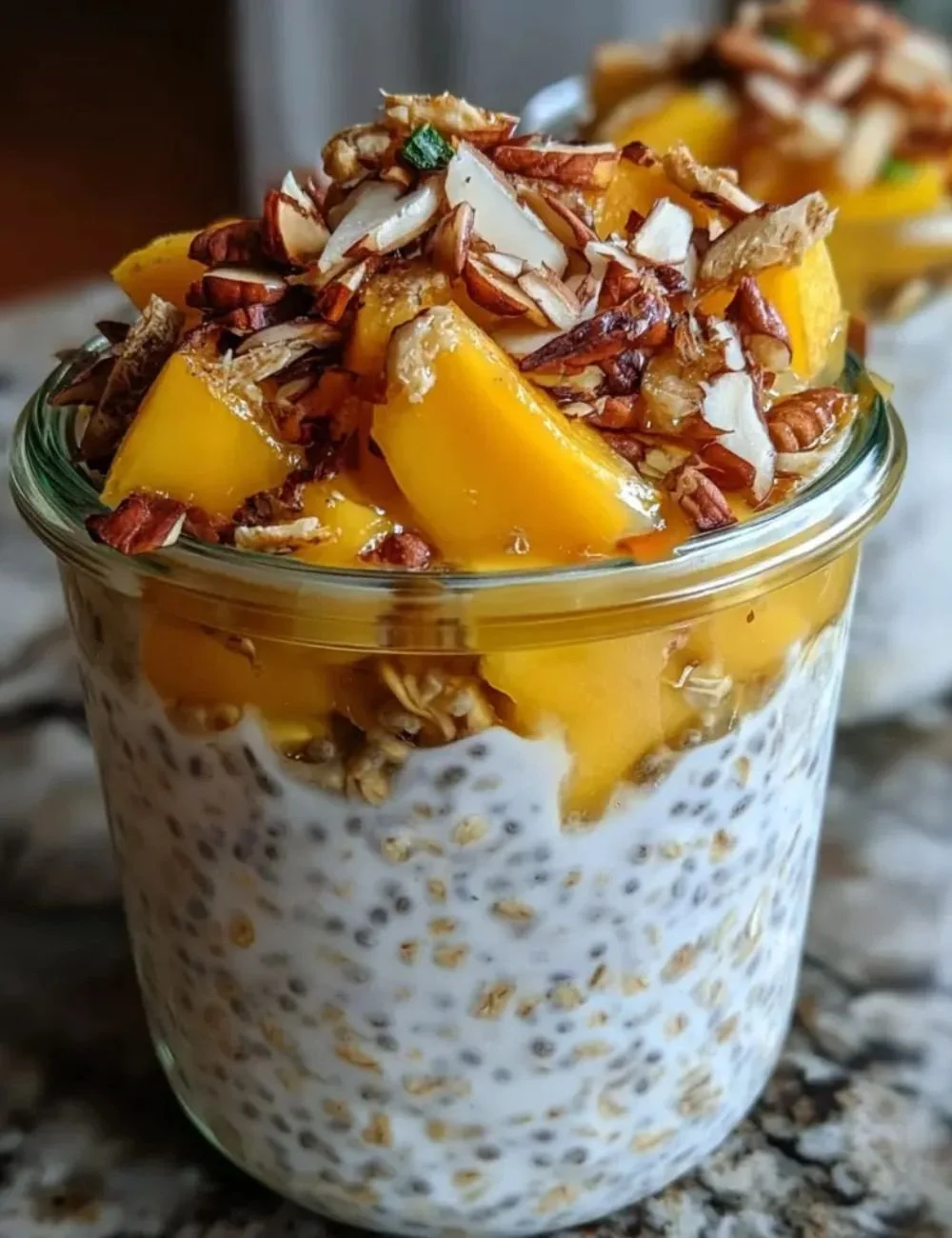 Bowl of Mango Chia Overnight Oats topped with fresh mango slices