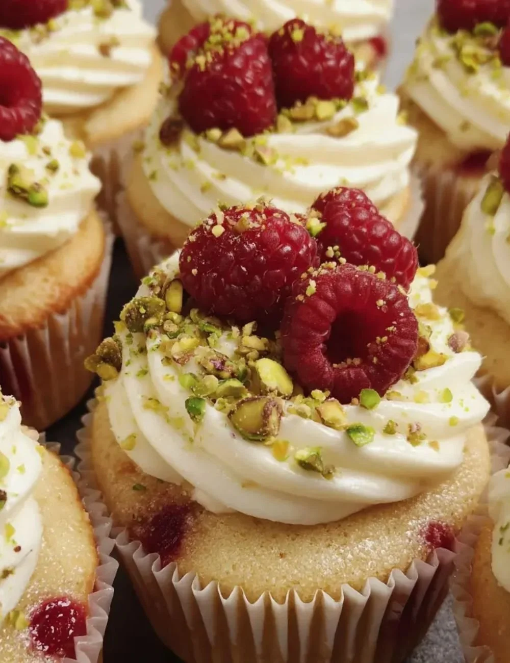 Moist lemon cupcakes with a raspberry filling on a decorative plate
