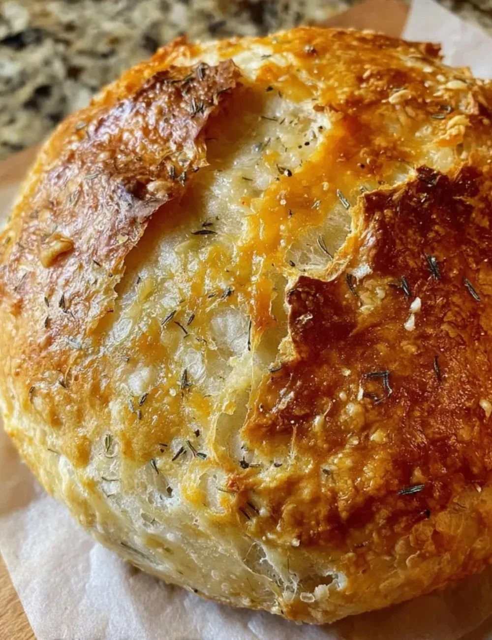 Freshly baked no-knead dill gouda artisan bread loaf