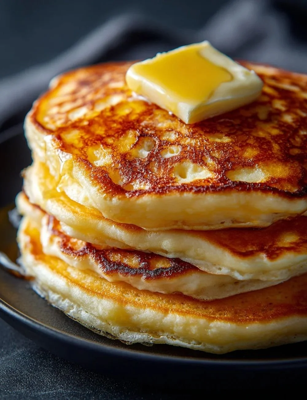 Delicious old fashioned pancakes stacked with syrup and berries