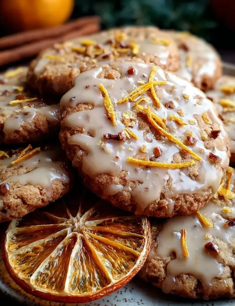 Delicious orange clove cookies topped with a spiced glaze on a festive plate.