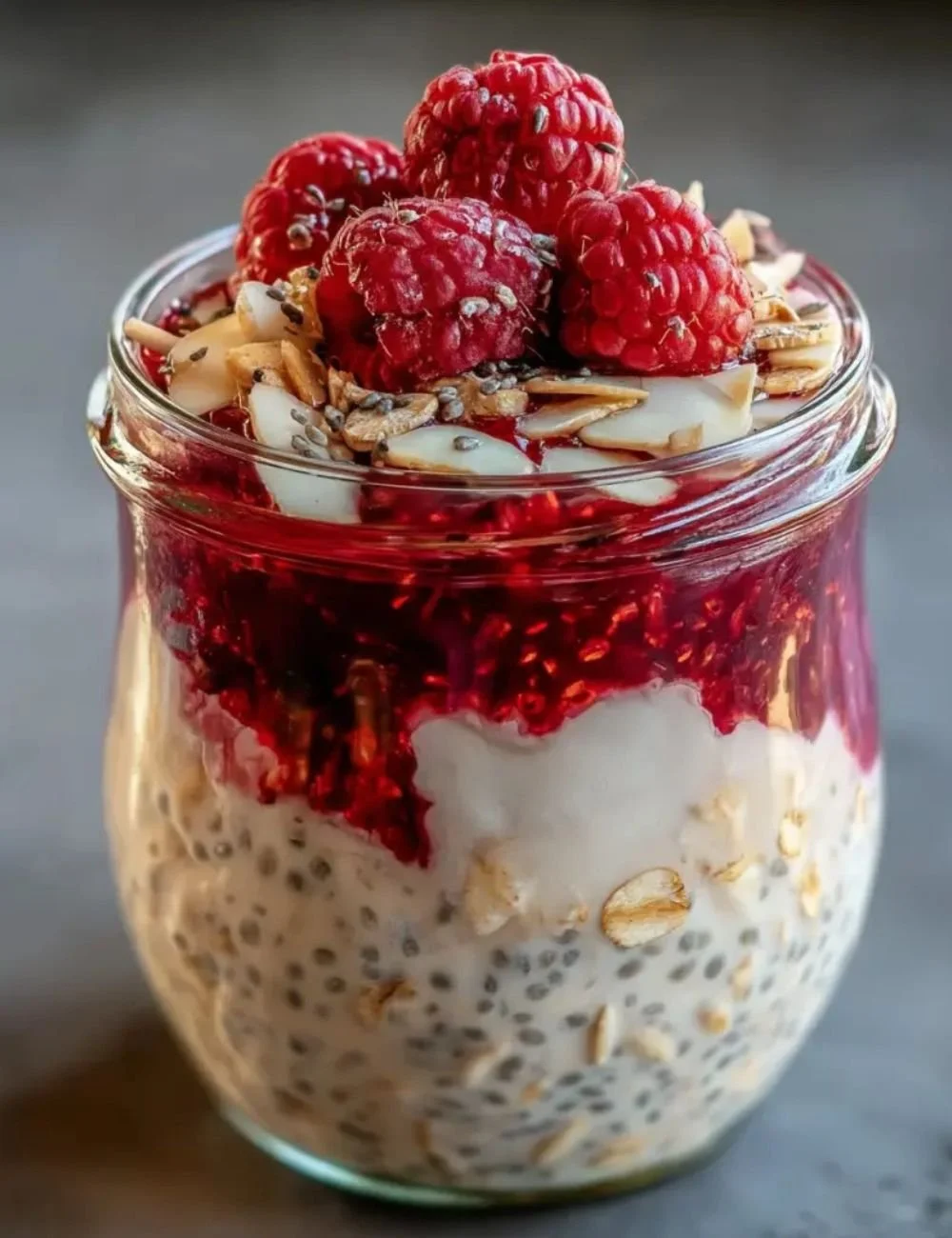 Bowl of overnight oats topped with raspberry chia seeds and fresh raspberries