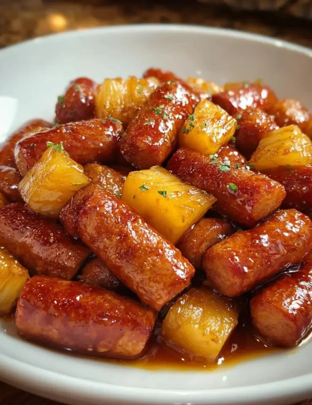 Pineapple Brown Sugar Mississippi Little Smokies appetizer bites on a platter.