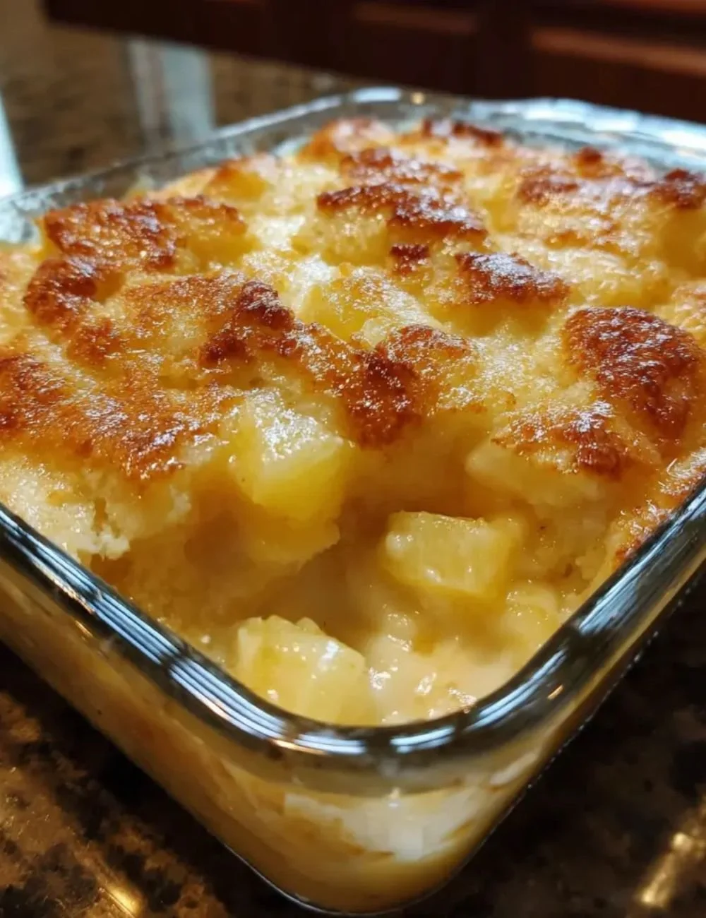 Delicious Pineapple Cream Cheese Cobbler served with a scoop of ice cream.