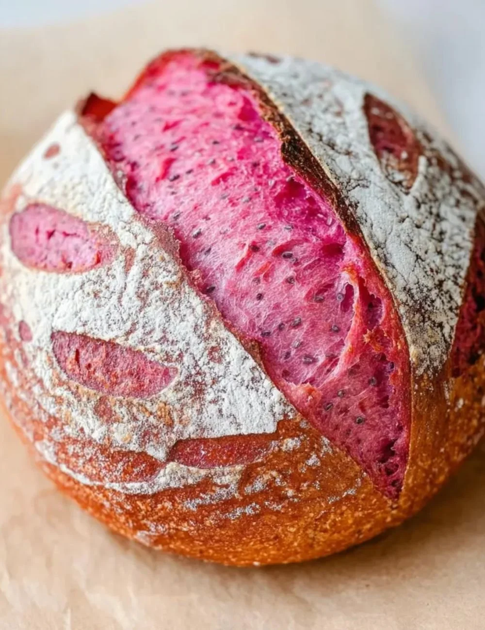 Homemade pink sourdough bread with a unique color and texture