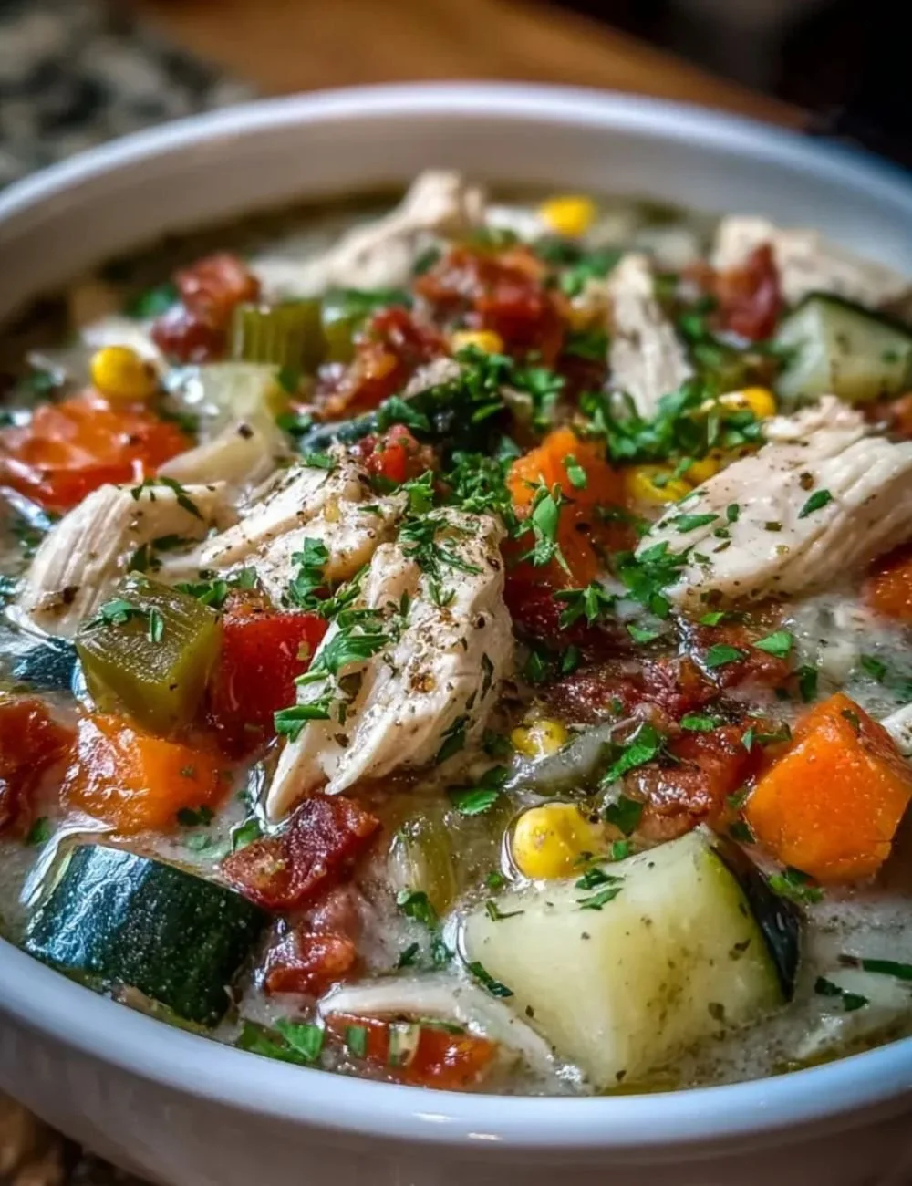 Bowl of hearty Ranch Chicken Veggie Soup with fresh vegetables and chicken