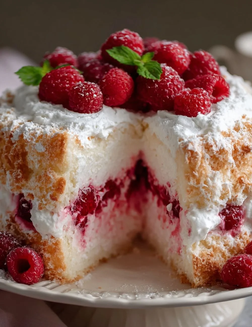 A delicious slice of Raspberry Angel Food Cake topped with fresh raspberries.