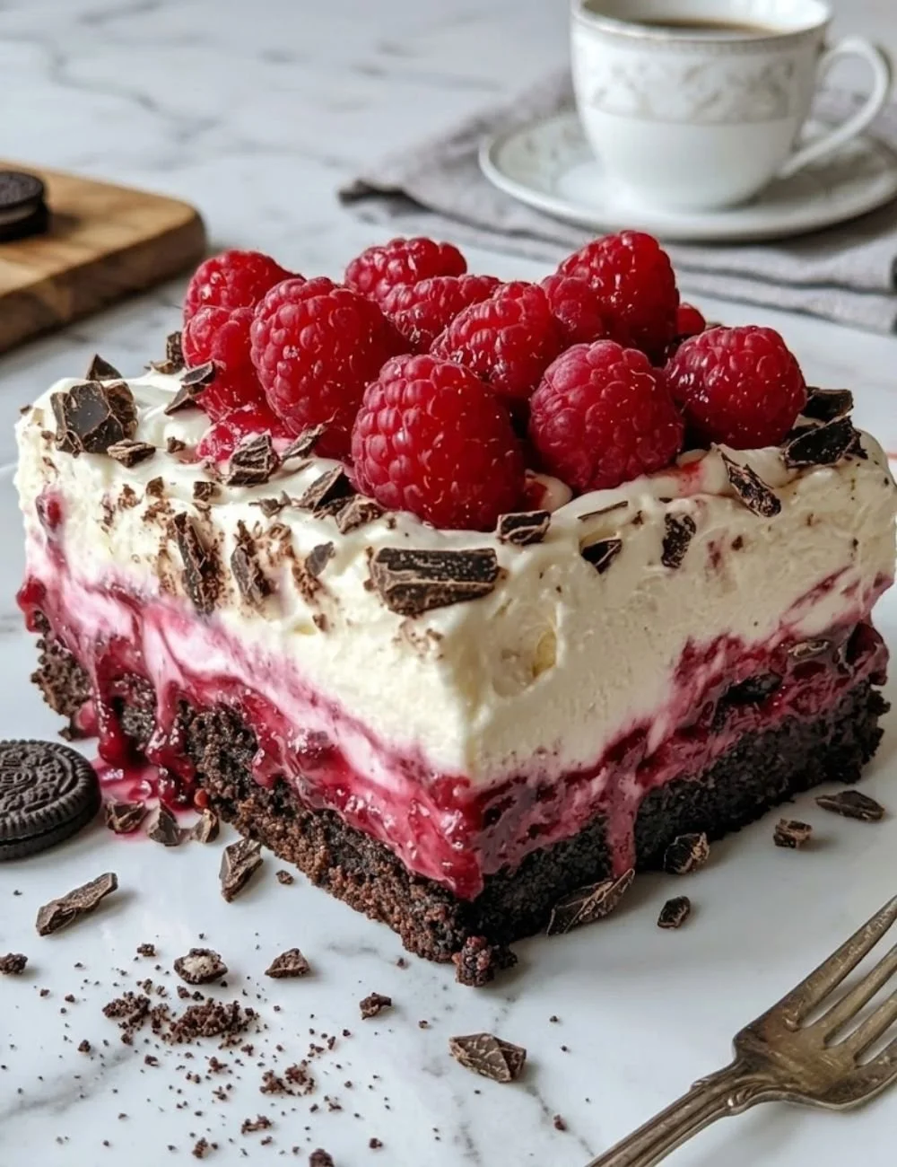 Raspberry Chocolate Lasagna dessert layered with chocolate and fresh raspberries