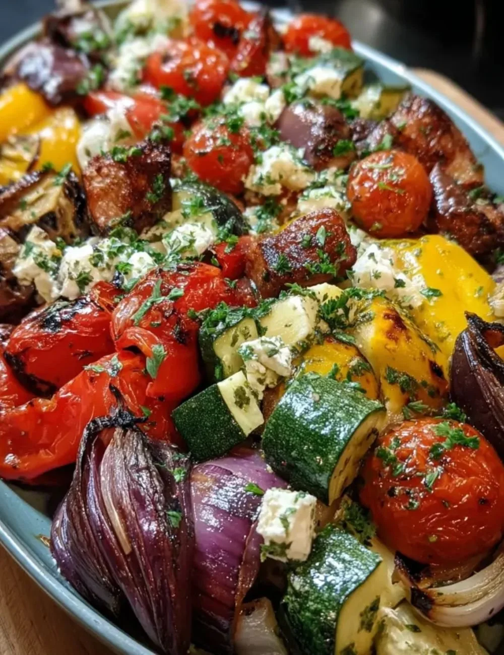 Roasted Mediterranean Greek vegetables served in a colorful dish