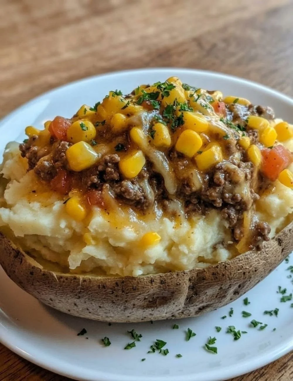 Shepherd's Pie Baked Potato topped with creamy mashed potatoes and savory filling